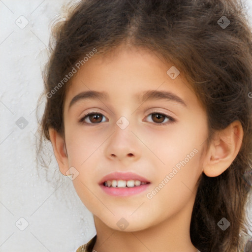 Joyful white child female with medium  brown hair and brown eyes