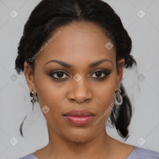 Joyful black young-adult female with medium  black hair and brown eyes