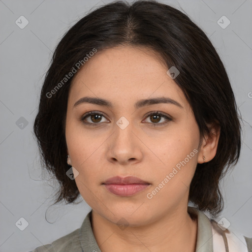 Neutral white young-adult female with medium  brown hair and brown eyes