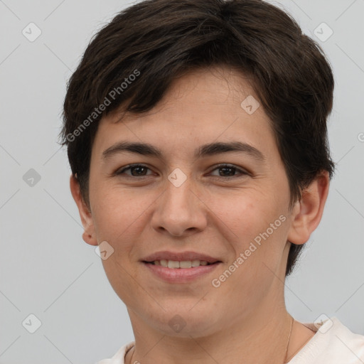 Joyful white young-adult female with short  brown hair and brown eyes