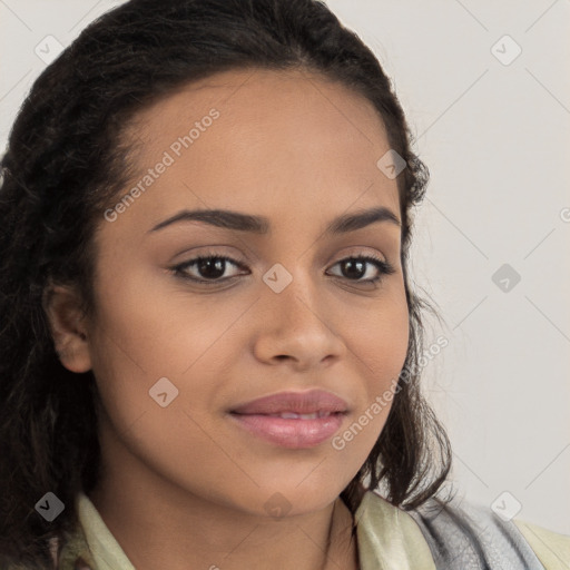 Joyful latino young-adult female with long  brown hair and brown eyes