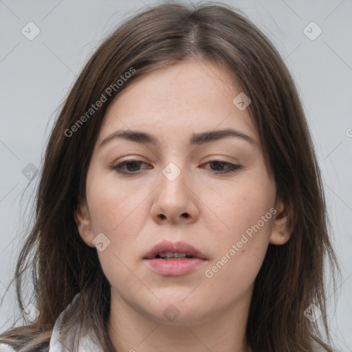 Neutral white young-adult female with medium  brown hair and brown eyes