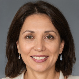 Joyful white adult female with medium  brown hair and brown eyes