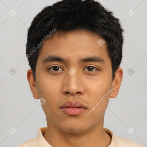 Neutral asian young-adult male with short  black hair and brown eyes