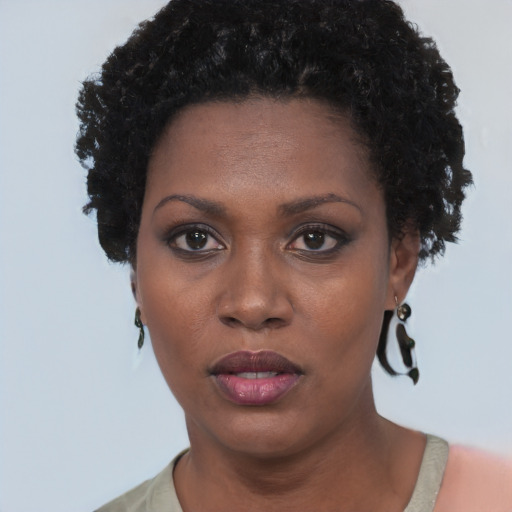 Neutral black young-adult female with short  black hair and brown eyes