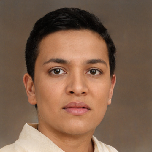 Neutral latino young-adult female with short  black hair and brown eyes
