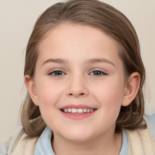 Joyful white child female with medium  brown hair and brown eyes