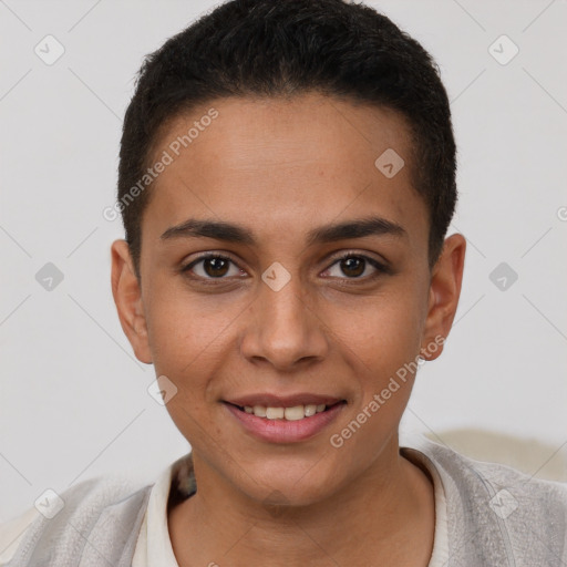 Joyful white young-adult female with short  brown hair and brown eyes