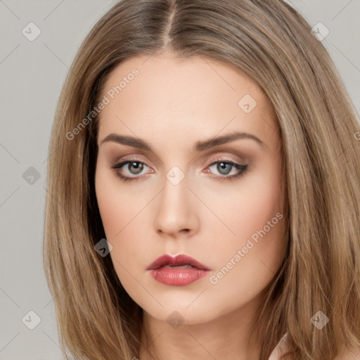 Neutral white young-adult female with long  brown hair and brown eyes