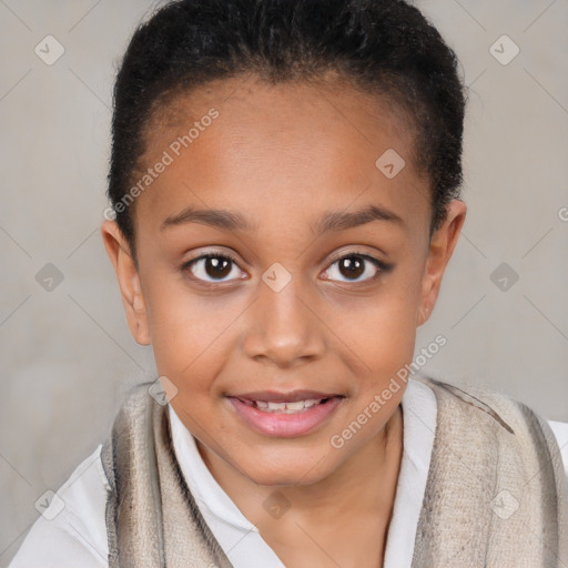 Joyful white child female with short  brown hair and brown eyes