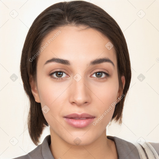 Neutral white young-adult female with medium  brown hair and brown eyes