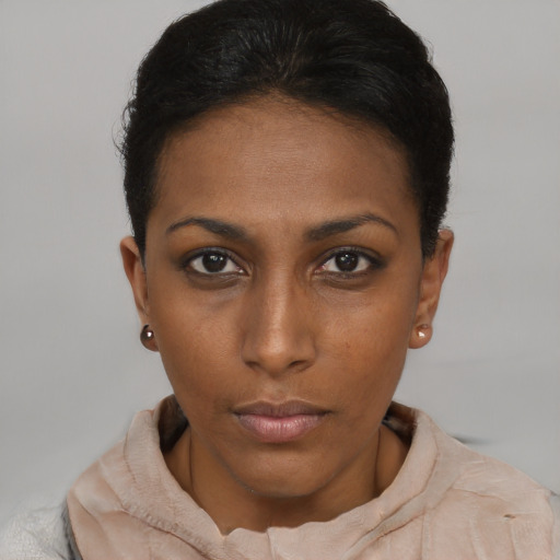 Neutral black young-adult female with short  brown hair and brown eyes