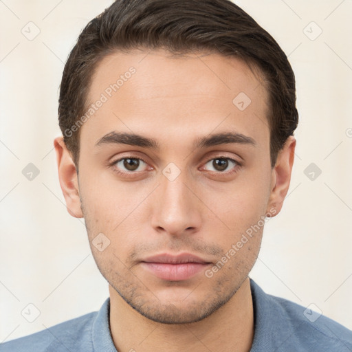 Neutral white young-adult male with short  brown hair and brown eyes