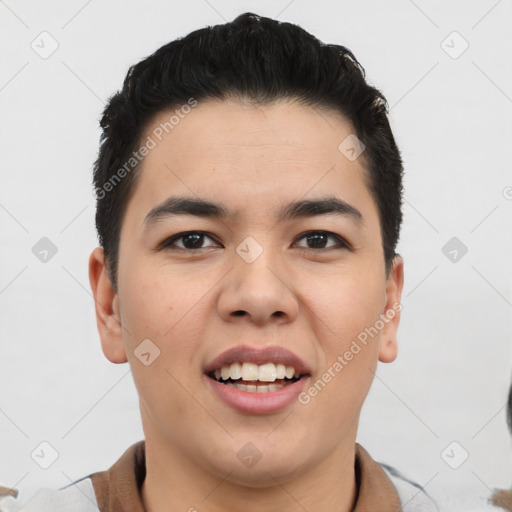 Joyful asian young-adult male with short  black hair and brown eyes