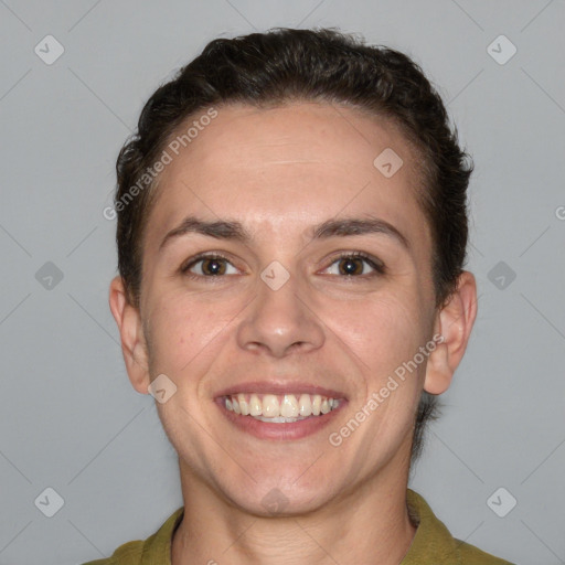 Joyful white young-adult female with short  brown hair and grey eyes