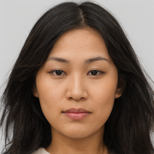 Neutral asian young-adult female with long  brown hair and brown eyes
