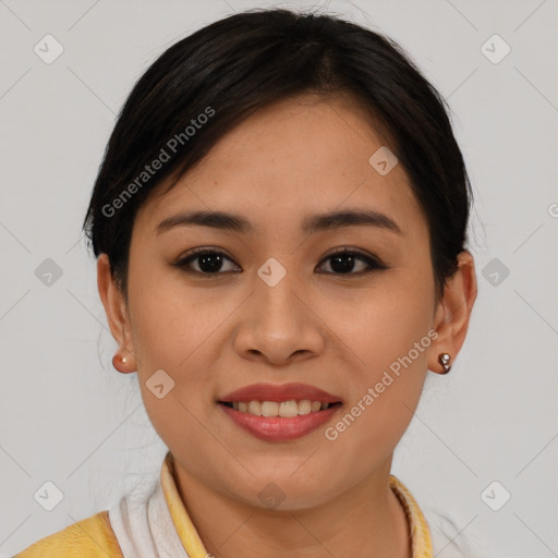 Joyful asian young-adult female with short  brown hair and brown eyes