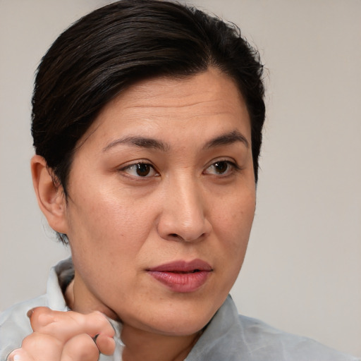 Joyful white adult female with short  brown hair and brown eyes