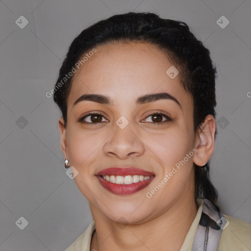 Joyful latino young-adult female with short  black hair and brown eyes