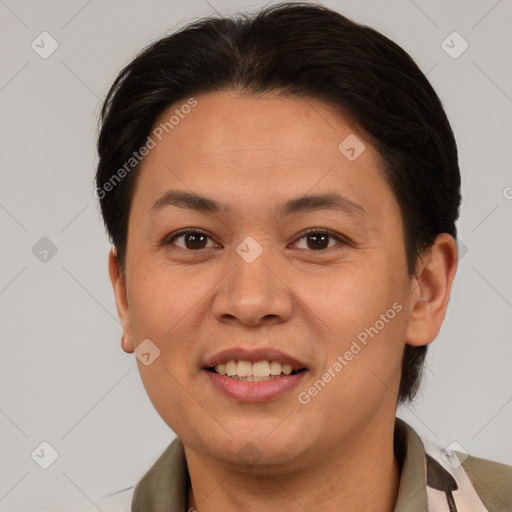 Joyful white adult female with short  brown hair and brown eyes