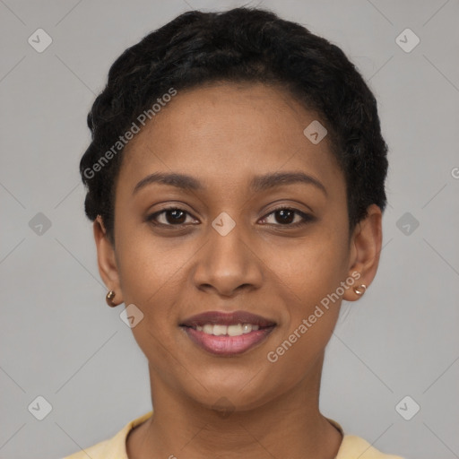 Joyful latino young-adult female with short  brown hair and brown eyes