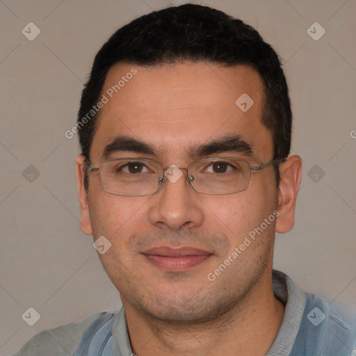 Joyful white young-adult male with short  black hair and brown eyes