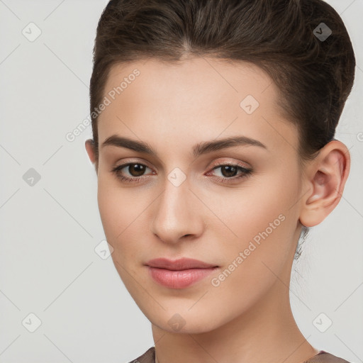 Joyful white young-adult female with long  brown hair and brown eyes