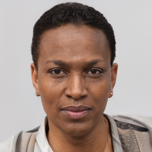 Neutral latino adult female with short  black hair and brown eyes