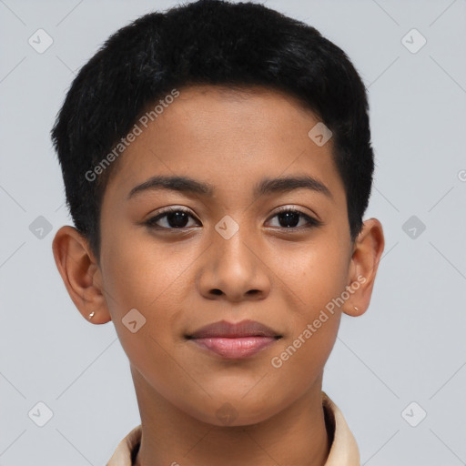 Joyful asian young-adult female with short  black hair and brown eyes