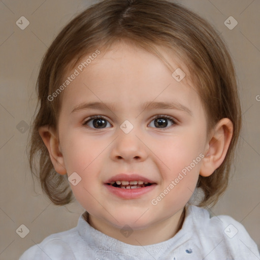 Joyful white child female with medium  brown hair and brown eyes