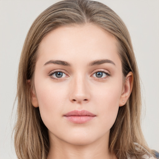 Neutral white young-adult female with long  brown hair and grey eyes