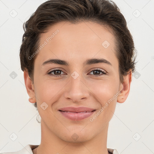 Joyful white young-adult female with short  brown hair and brown eyes