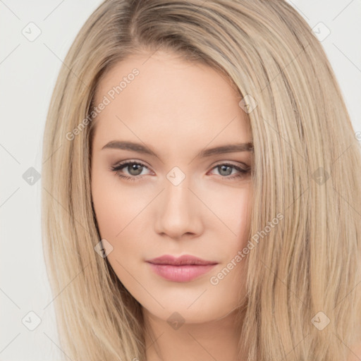 Neutral white young-adult female with long  brown hair and brown eyes