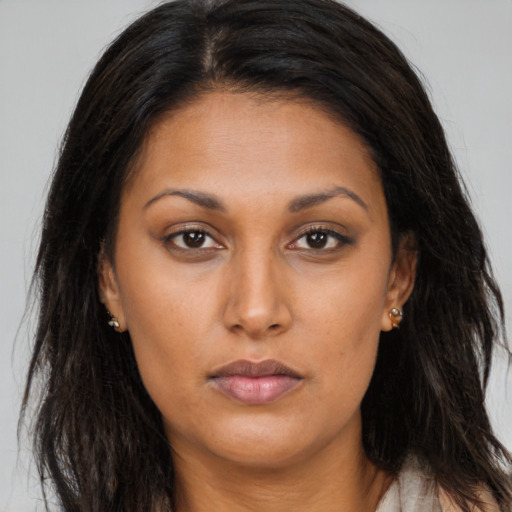 Neutral asian young-adult female with long  brown hair and brown eyes