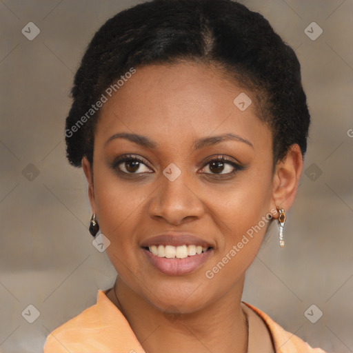 Joyful black young-adult female with short  black hair and brown eyes