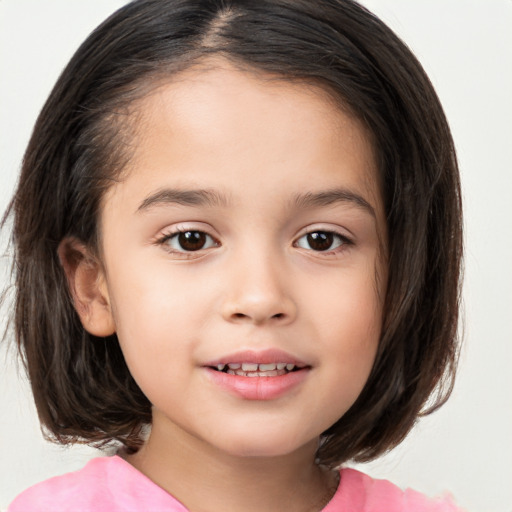 Joyful white child female with medium  brown hair and brown eyes