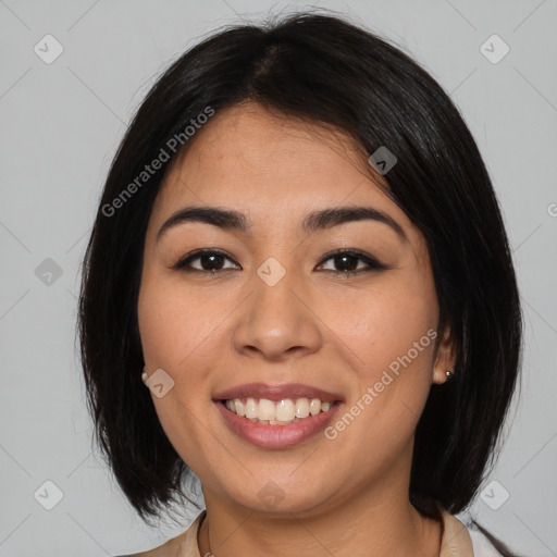 Joyful asian young-adult female with medium  brown hair and brown eyes