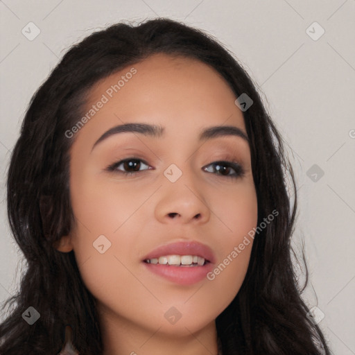 Joyful white young-adult female with long  black hair and brown eyes