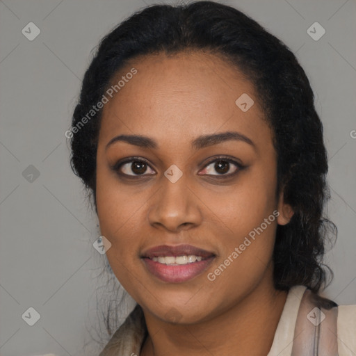 Joyful latino young-adult female with long  black hair and brown eyes