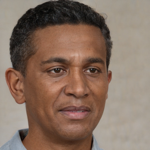 Neutral black adult male with short  brown hair and brown eyes