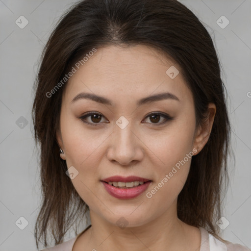 Joyful white young-adult female with medium  brown hair and brown eyes