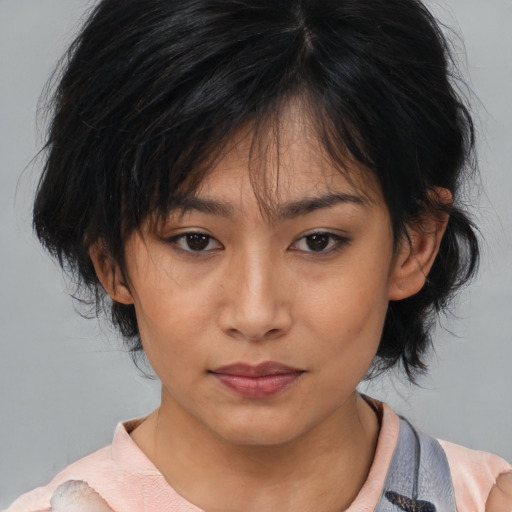 Neutral asian young-adult female with medium  black hair and brown eyes