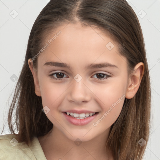 Joyful white child female with long  brown hair and brown eyes