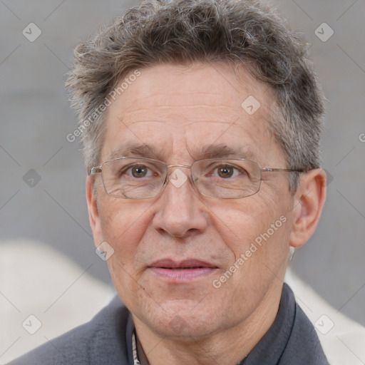 Joyful white middle-aged male with short  brown hair and brown eyes