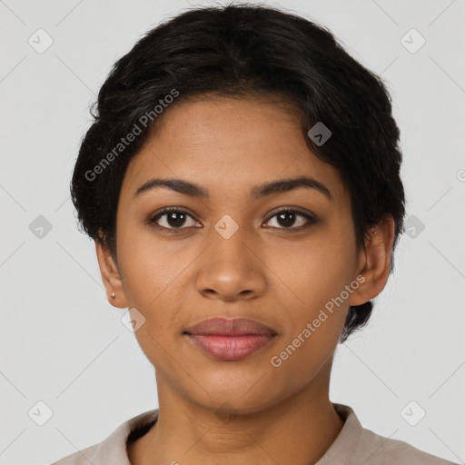 Joyful latino young-adult female with short  brown hair and brown eyes