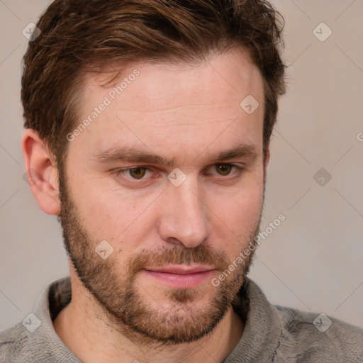 Neutral white young-adult male with short  brown hair and grey eyes