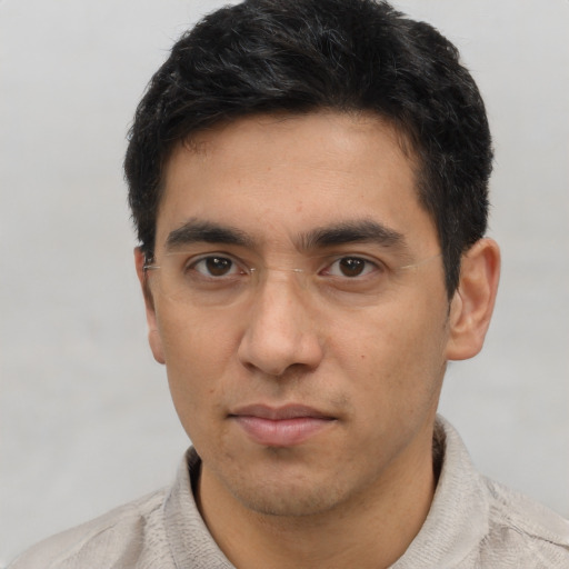Neutral asian young-adult male with short  black hair and brown eyes