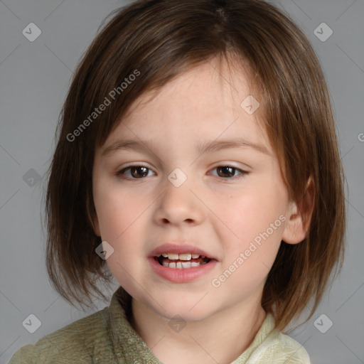 Joyful white child female with medium  brown hair and brown eyes