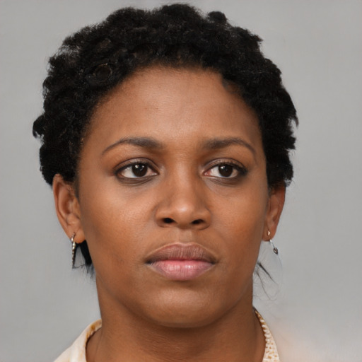 Neutral black young-adult female with short  brown hair and brown eyes