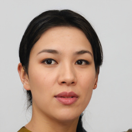 Neutral white young-adult female with medium  black hair and brown eyes